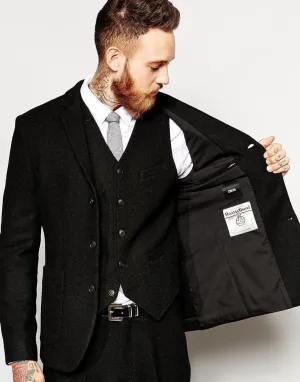 Tweed Men Suit Slim Fit 3 Piece Suit Black
