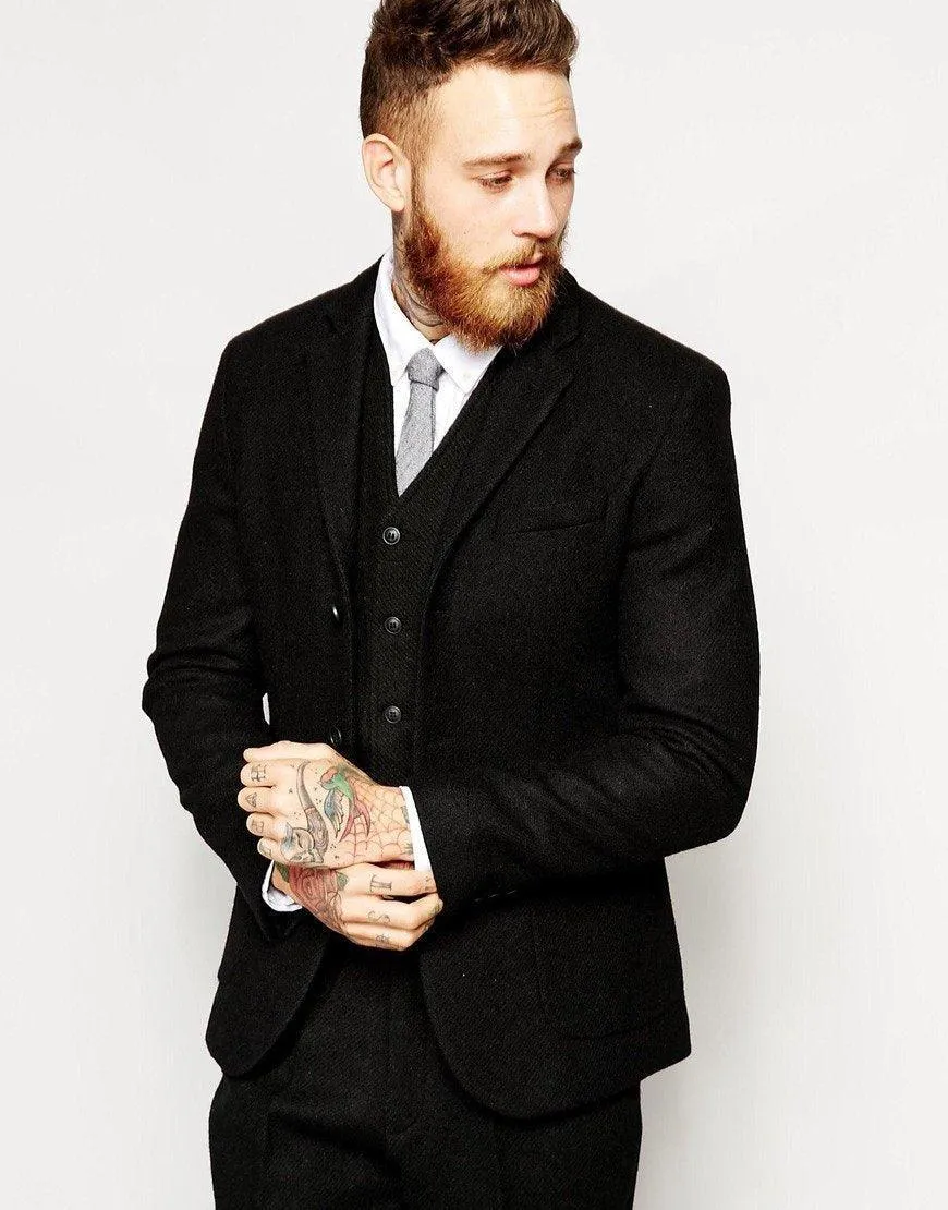 Tweed Men Suit Slim Fit 3 Piece Suit Black