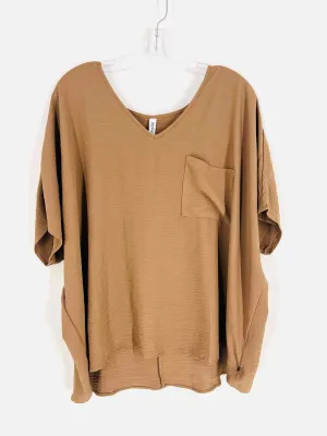 Zenana Size L Brown Pocket Textured Tops Top-Short Sleeve